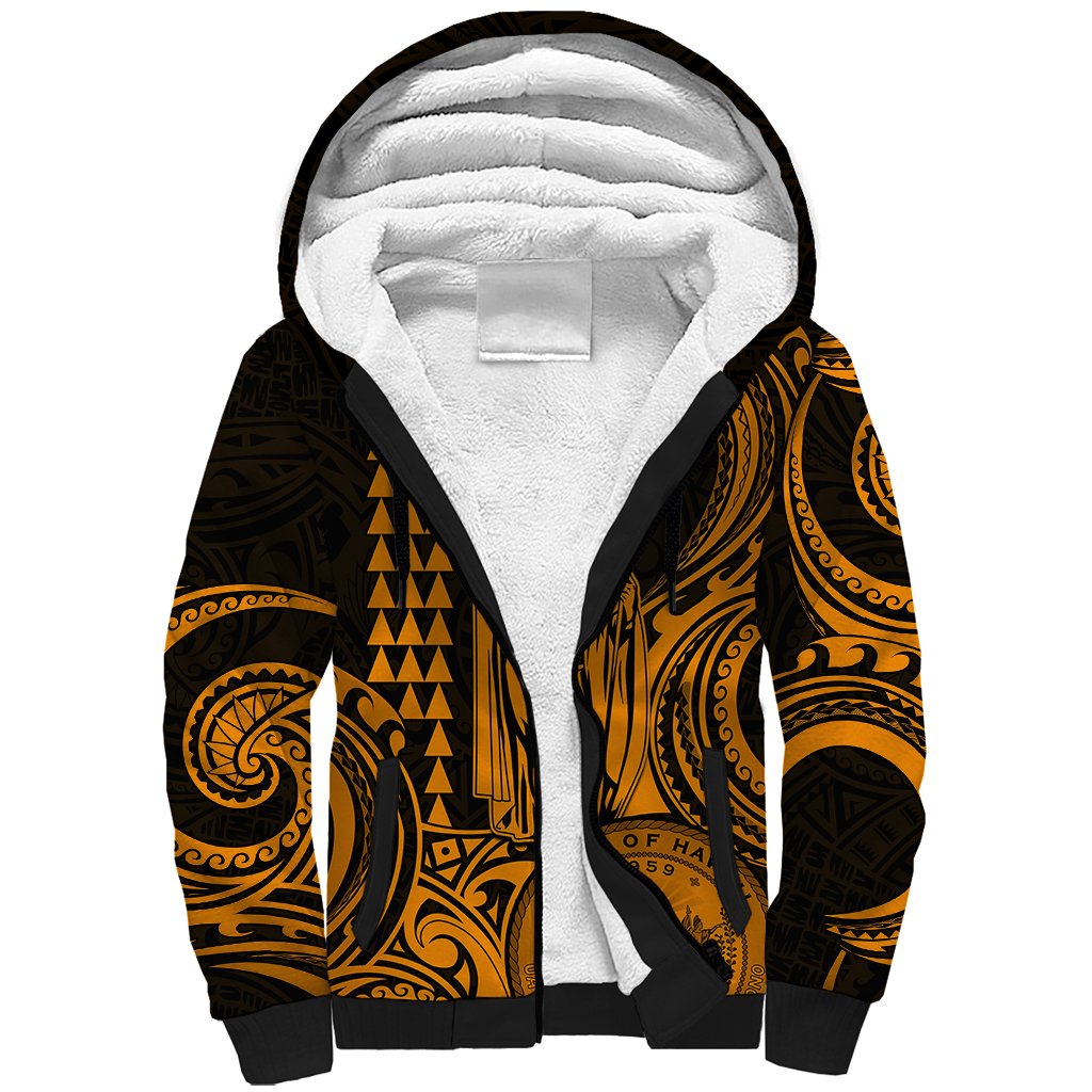 Custom Happy King Kamehameha Day Hawaii Sherpa Hoodie Paradise of the Pacific Tribal Kakau with Kanaka Maoli - Gold - Wonder Print Shop