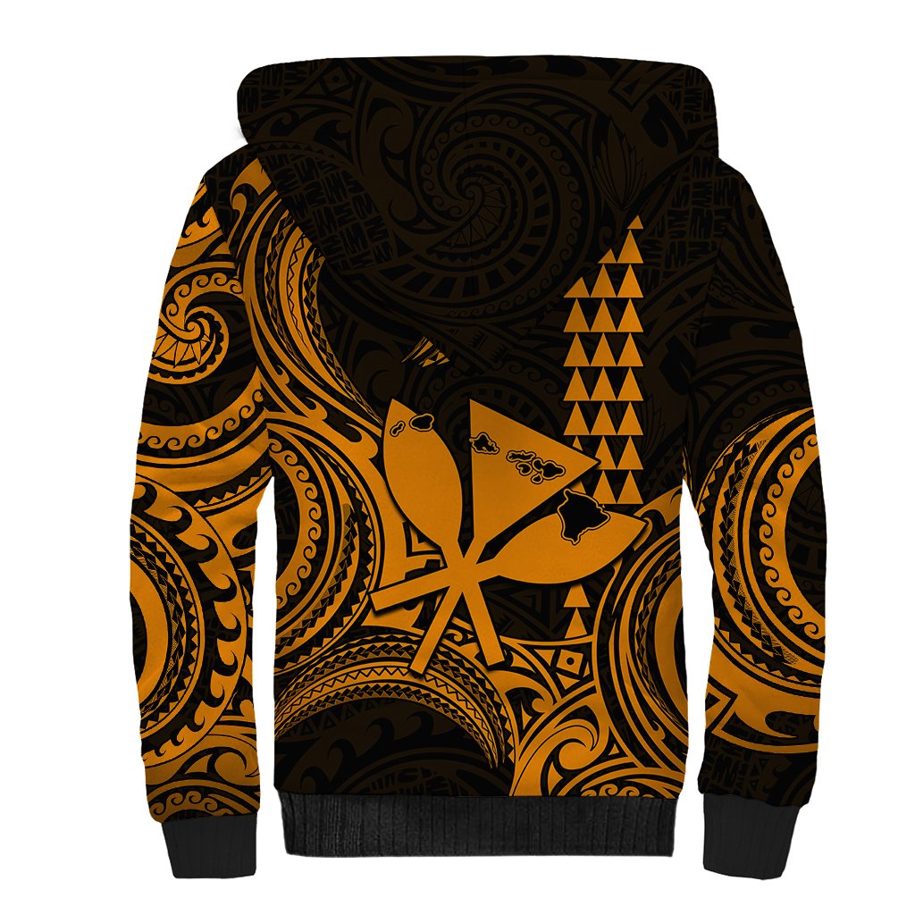 Custom Happy King Kamehameha Day Hawaii Sherpa Hoodie Paradise of the Pacific Tribal Kakau with Kanaka Maoli - Gold - Wonder Print Shop