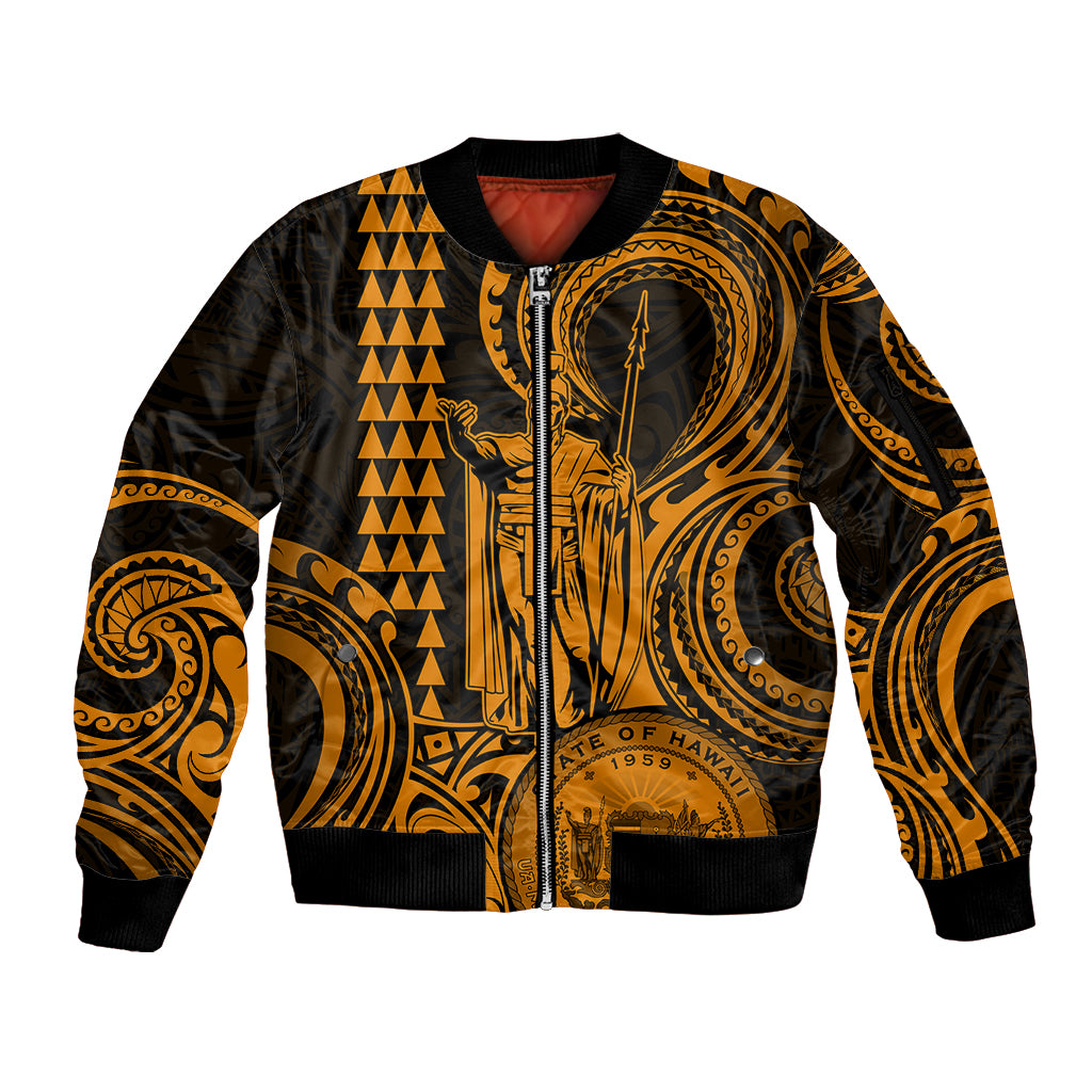 Custom Happy King Kamehameha Day Hawaii Sleeve Zip Bomber Jacket Paradise of the Pacific Tribal Kakau with Kanaka Maoli - Gold - Wonder Print Shop