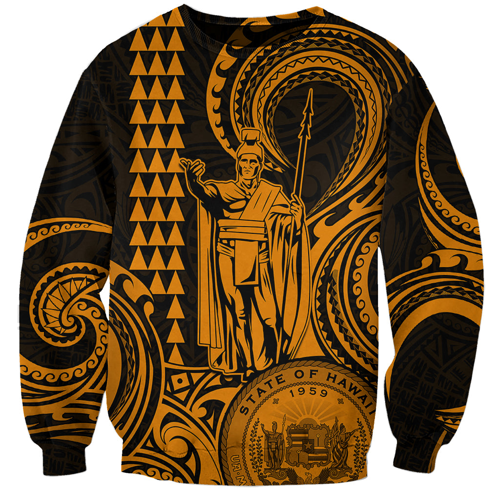 Custom Happy King Kamehameha Day Hawaii Sweatshirt Paradise of the Pacific Tribal Kakau with Kanaka Maoli - Gold - Wonder Print Shop