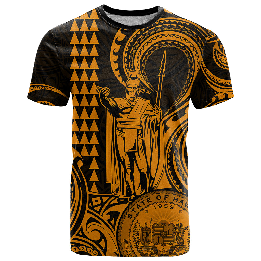 Custom Happy King Kamehameha Day Hawaii T Shirt Paradise of the Pacific Tribal Kakau with Kanaka Maoli - Gold - Wonder Print Shop