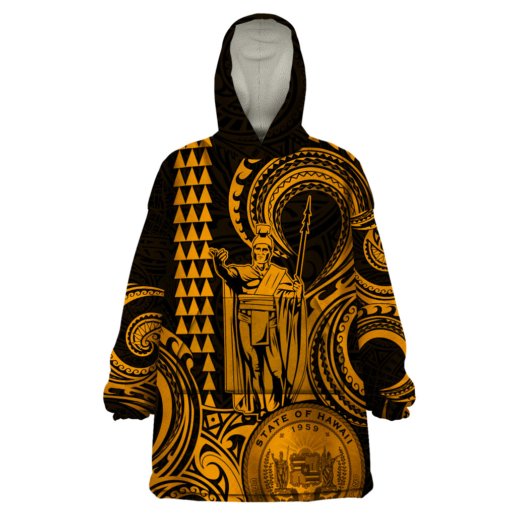 Custom Happy King Kamehameha Day Hawaii Wearable Blanket Hoodie Paradise of the Pacific Tribal Kakau with Kanaka Maoli - Gold - Wonder Print Shop