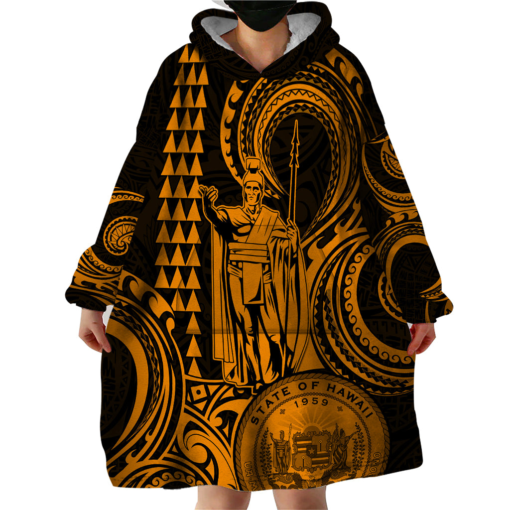Custom Happy King Kamehameha Day Hawaii Wearable Blanket Hoodie Paradise of the Pacific Tribal Kakau with Kanaka Maoli - Gold - Wonder Print Shop