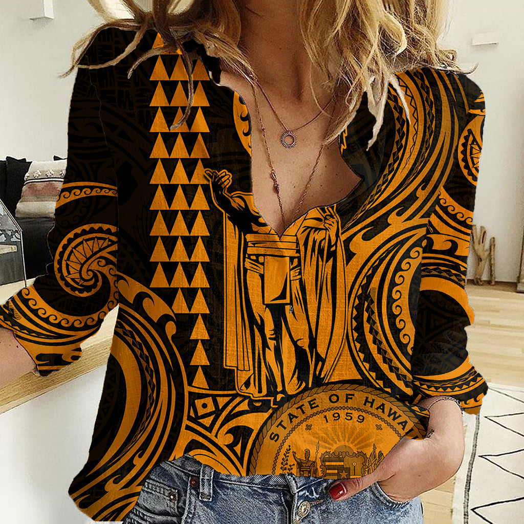Custom Happy King Kamehameha Day Hawaii Women Casual Shirt Paradise of the Pacific Tribal Kakau with Kanaka Maoli - Gold - Wonder Print Shop