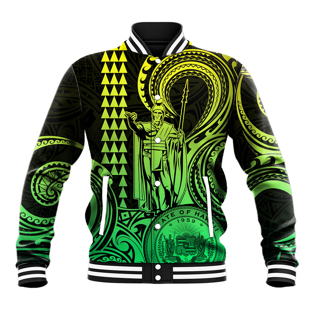 Custom Happy King Kamehameha Day Hawaii Baseball Jacket Paradise of the Pacific Tribal Kakau with Kanaka Maoli - Lime LT9 - Wonder Print Shop