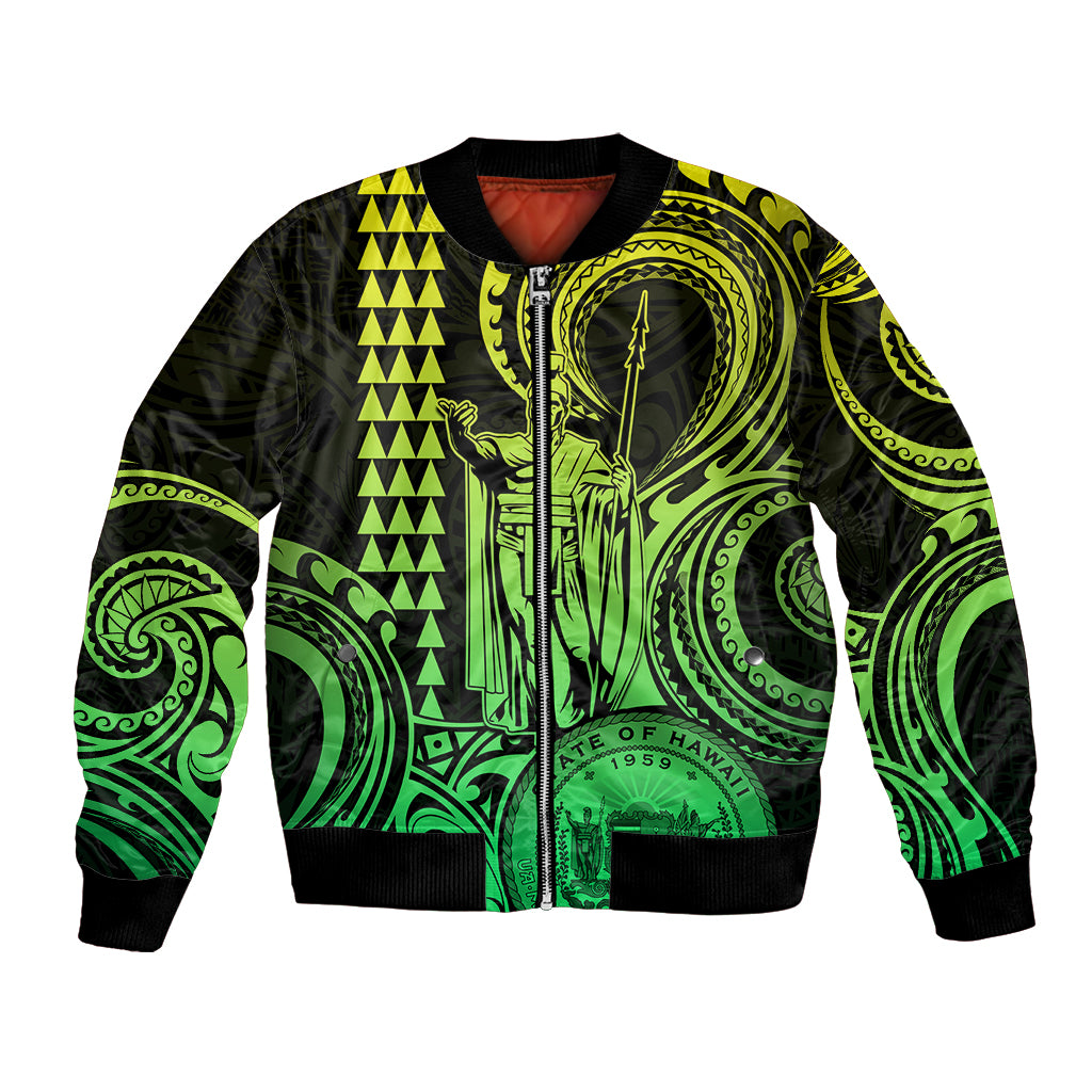 Custom Happy King Kamehameha Day Hawaii Bomber Jacket Paradise of the Pacific Tribal Kakau with Kanaka Maoli - Lime LT9 - Wonder Print Shop