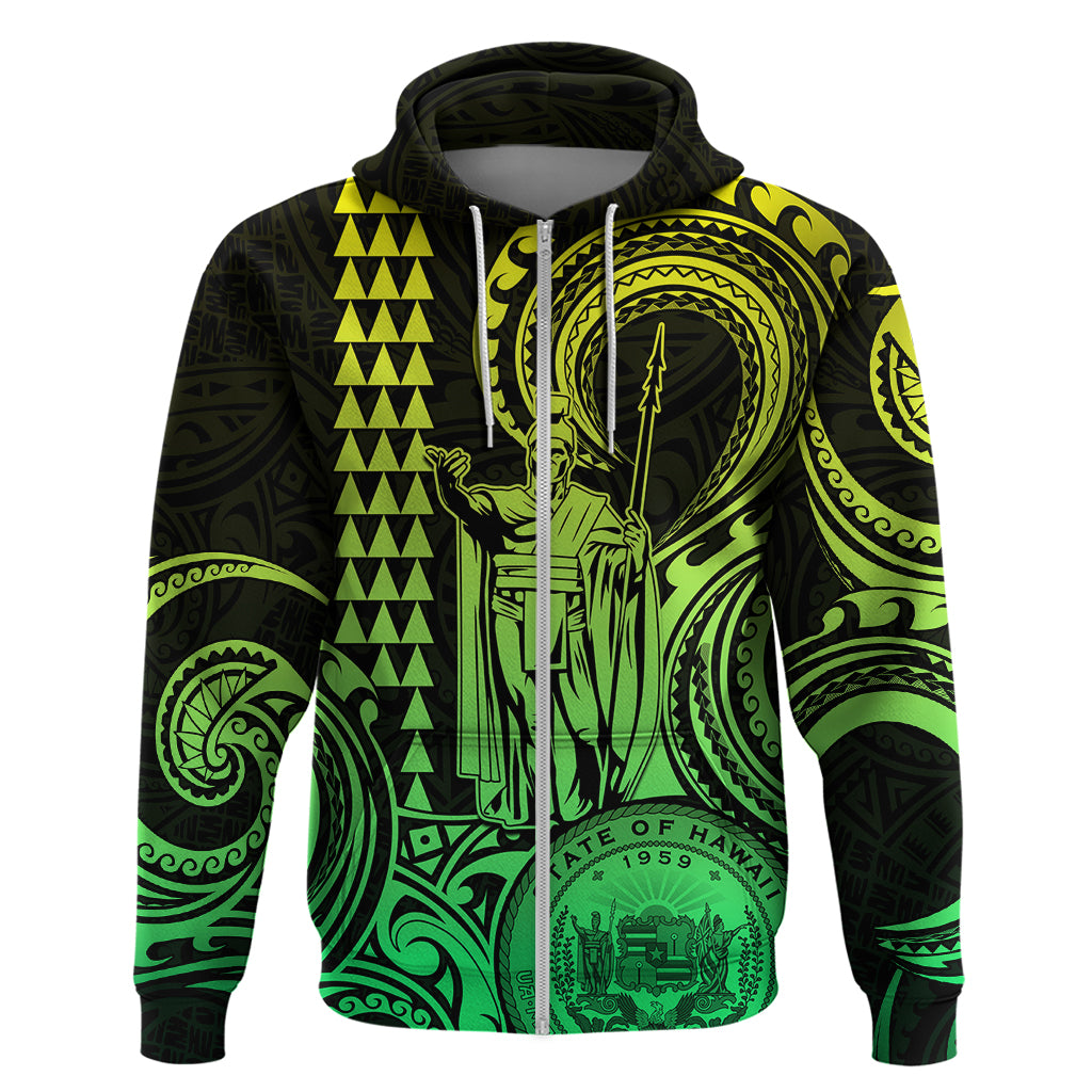 Custom Happy King Kamehameha Day Hawaii Hoodie Paradise of the Pacific Tribal Kakau with Kanaka Maoli - Lime - Wonder Print Shop