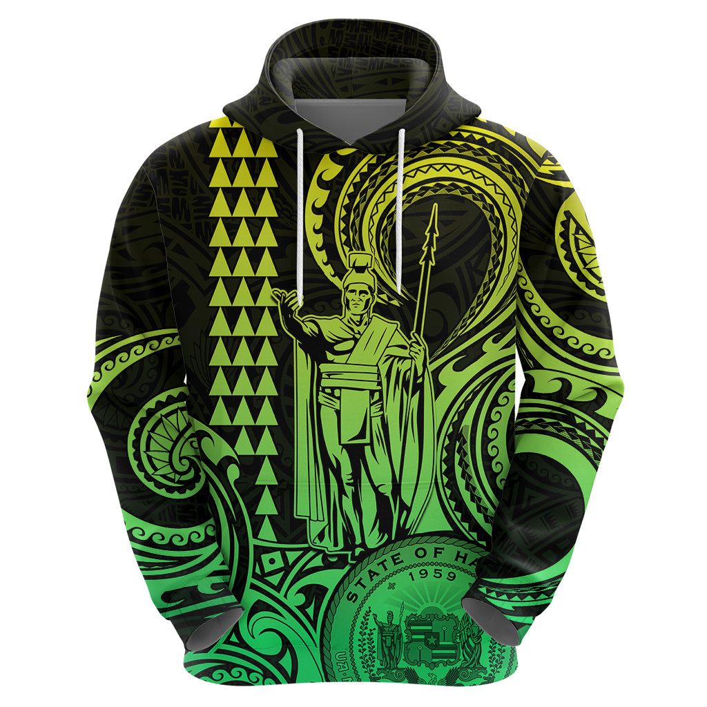 Custom Happy King Kamehameha Day Hawaii Hoodie Paradise of the Pacific Tribal Kakau with Kanaka Maoli - Lime - Wonder Print Shop