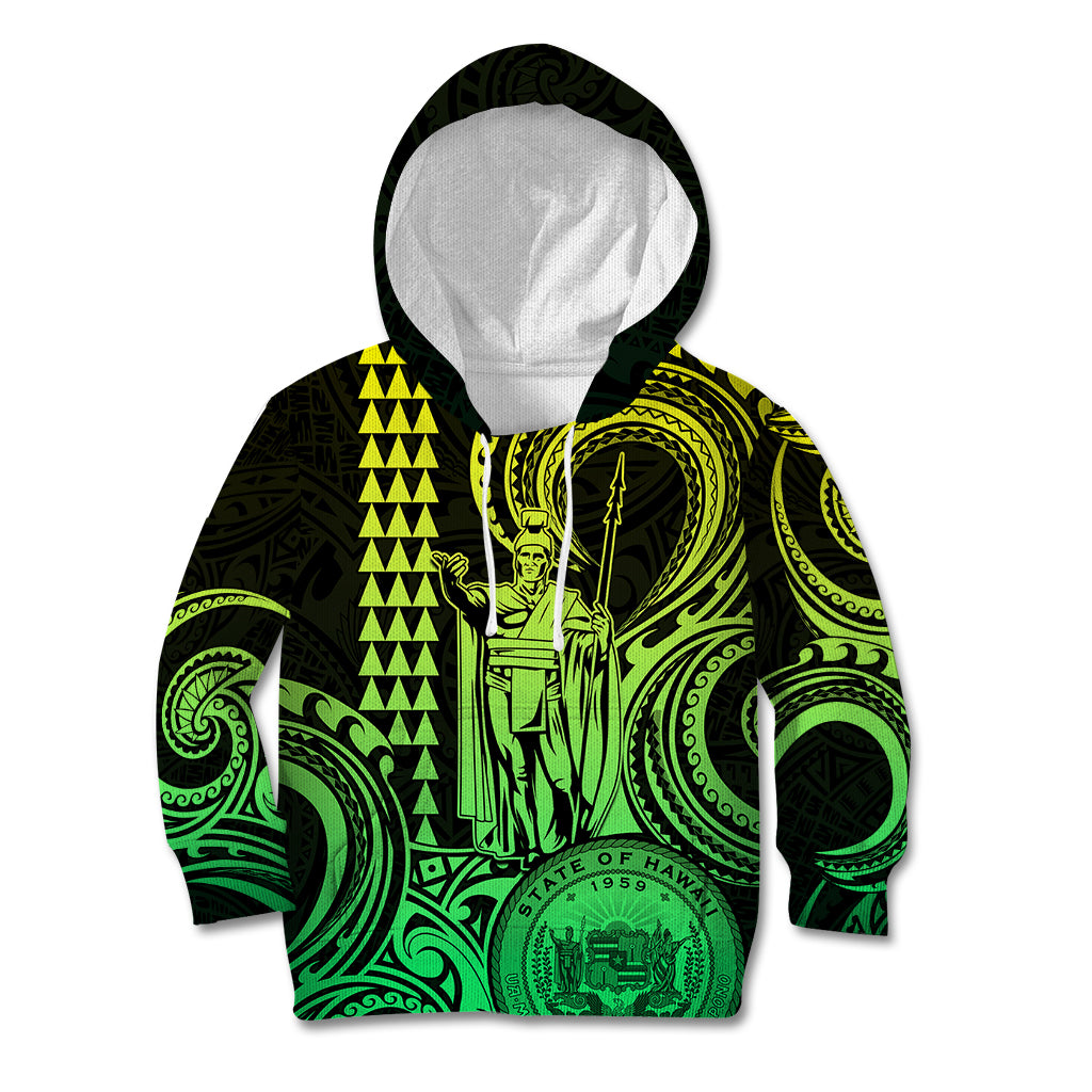 Custom Happy King Kamehameha Day Hawaii Kid Hoodie Paradise of the Pacific Tribal Kakau with Kanaka Maoli - Lime - Wonder Print Shop