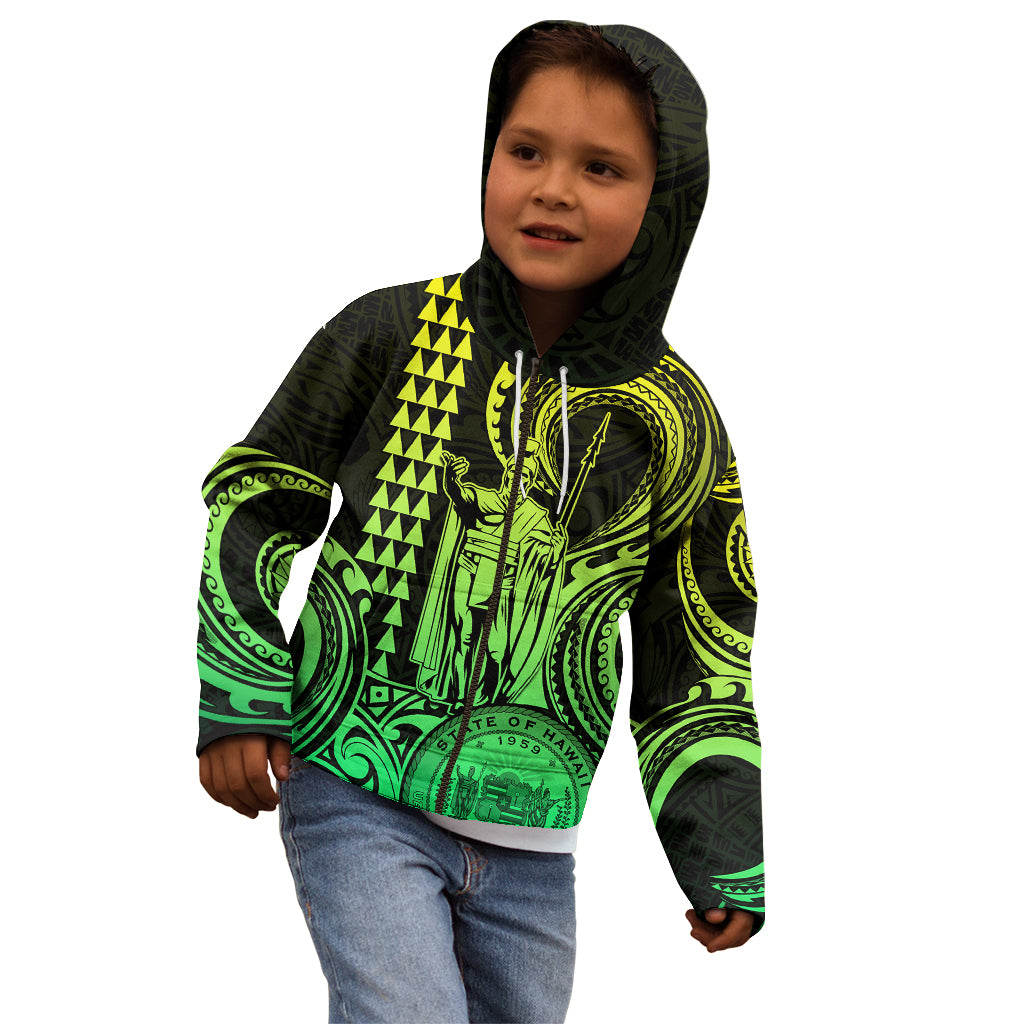 Custom Happy King Kamehameha Day Hawaii Kid Hoodie Paradise of the Pacific Tribal Kakau with Kanaka Maoli - Lime - Wonder Print Shop