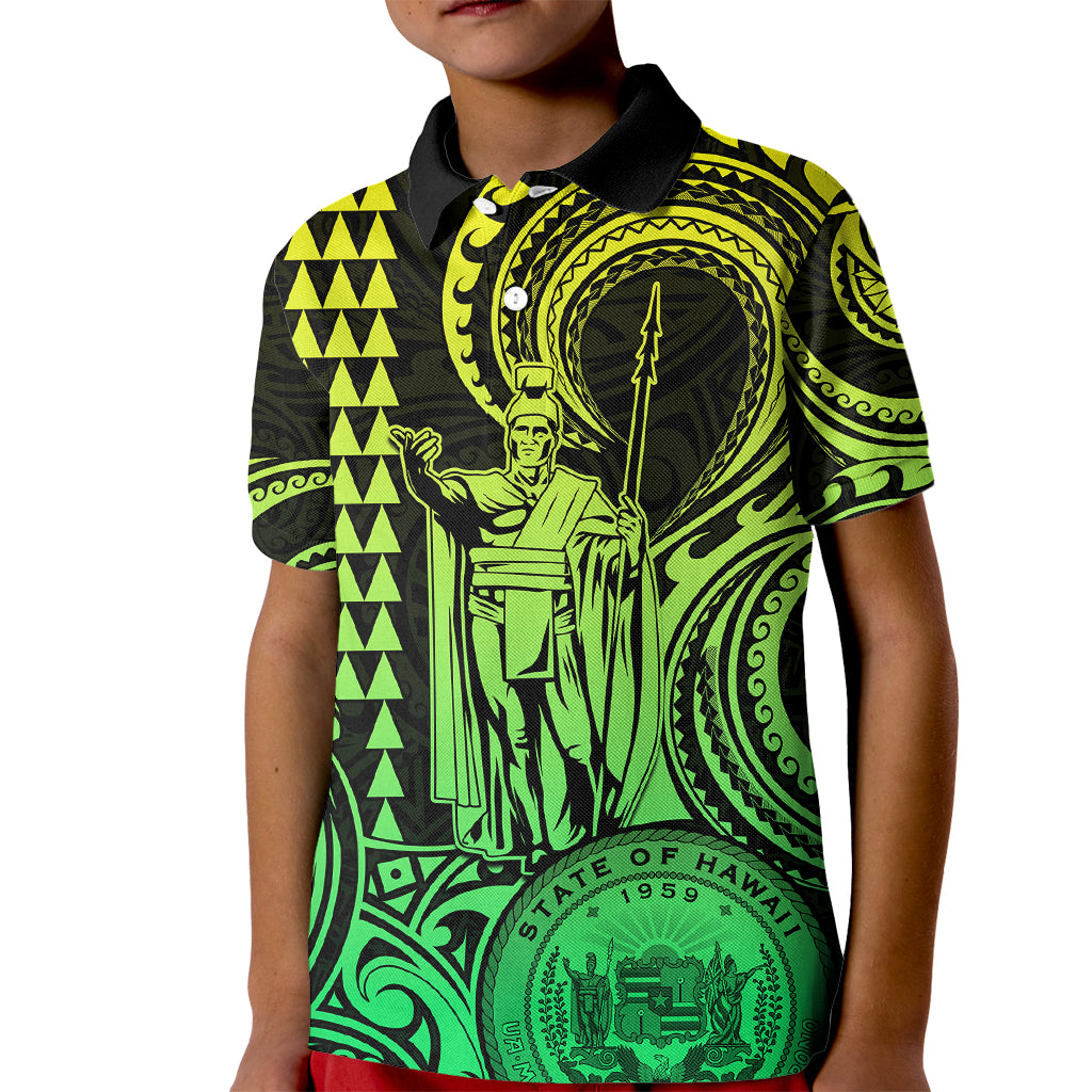 Custom Happy King Kamehameha Day Hawaii Kid Polo Shirt Paradise of the Pacific Tribal Kakau with Kanaka Maoli - Lime - Wonder Print Shop