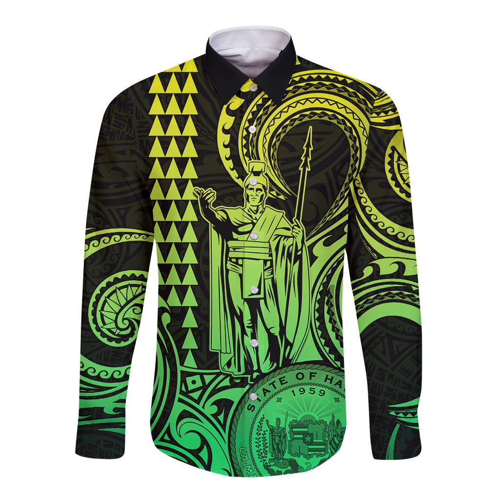 Custom Happy King Kamehameha Day Hawaii Long Sleeve Button Shirt Paradise of the Pacific Tribal Kakau with Kanaka Maoli - Lime - Wonder Print Shop