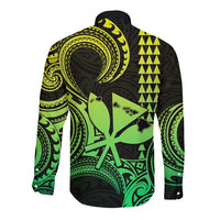 Custom Happy King Kamehameha Day Hawaii Long Sleeve Button Shirt Paradise of the Pacific Tribal Kakau with Kanaka Maoli - Lime - Wonder Print Shop