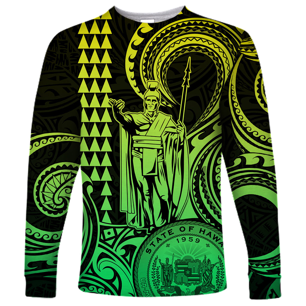 Custom Happy King Kamehameha Day Hawaii Long Sleeve Shirt Paradise of the Pacific Tribal Kakau with Kanaka Maoli - Lime - Wonder Print Shop