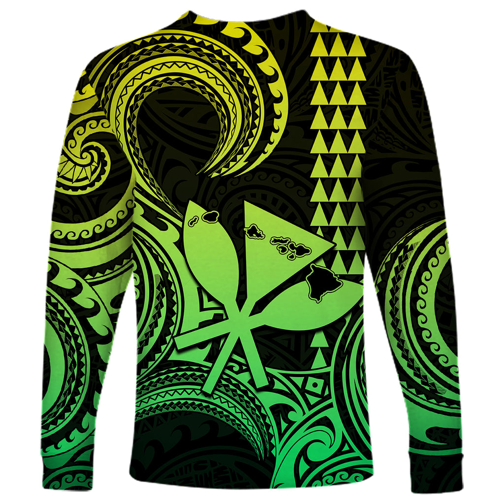 Custom Happy King Kamehameha Day Hawaii Long Sleeve Shirt Paradise of the Pacific Tribal Kakau with Kanaka Maoli - Lime - Wonder Print Shop