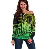 Custom Happy King Kamehameha Day Hawaii Off Shoulder Sweater Paradise of the Pacific Tribal Kakau with Kanaka Maoli - Lime - Wonder Print Shop