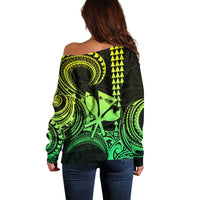 Custom Happy King Kamehameha Day Hawaii Off Shoulder Sweater Paradise of the Pacific Tribal Kakau with Kanaka Maoli - Lime - Wonder Print Shop