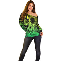 Custom Happy King Kamehameha Day Hawaii Off Shoulder Sweater Paradise of the Pacific Tribal Kakau with Kanaka Maoli - Lime - Wonder Print Shop