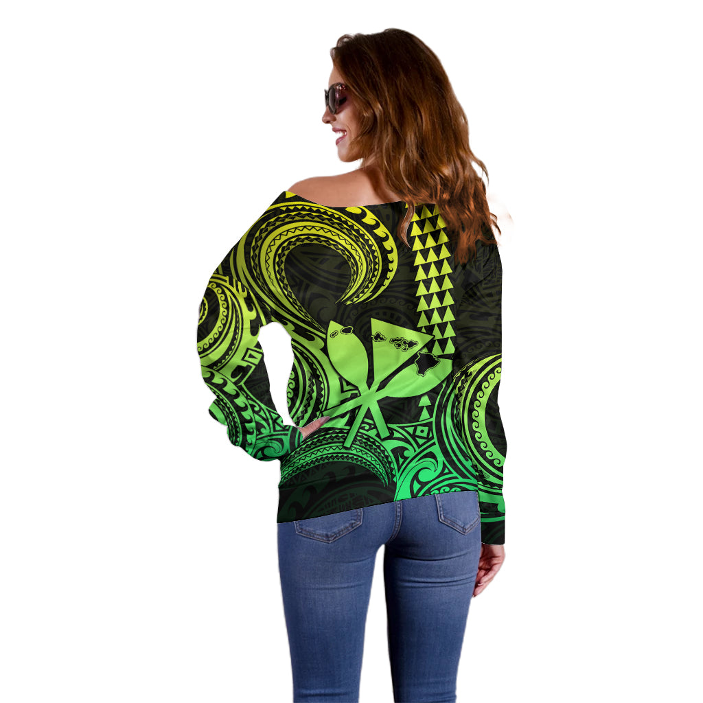 Custom Happy King Kamehameha Day Hawaii Off Shoulder Sweater Paradise of the Pacific Tribal Kakau with Kanaka Maoli - Lime - Wonder Print Shop