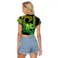 Custom Happy King Kamehameha Day Hawaii Raglan Cropped T Shirt Paradise of the Pacific Tribal Kakau with Kanaka Maoli - Lime - Wonder Print Shop