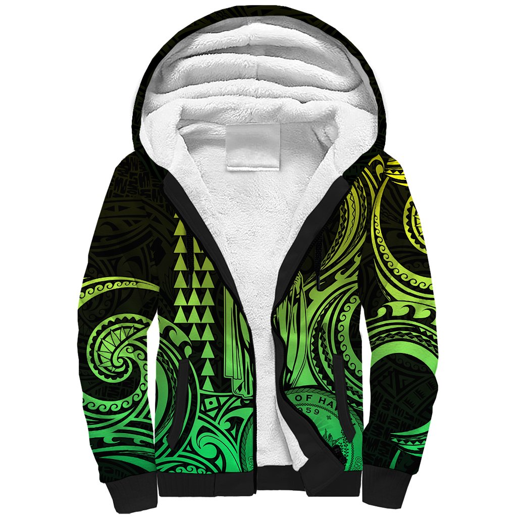 Custom Happy King Kamehameha Day Hawaii Sherpa Hoodie Paradise of the Pacific Tribal Kakau with Kanaka Maoli - Lime - Wonder Print Shop