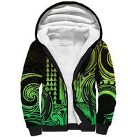 Lime sherpa hoodie with black tribal print, full-zip front and white fleece lining