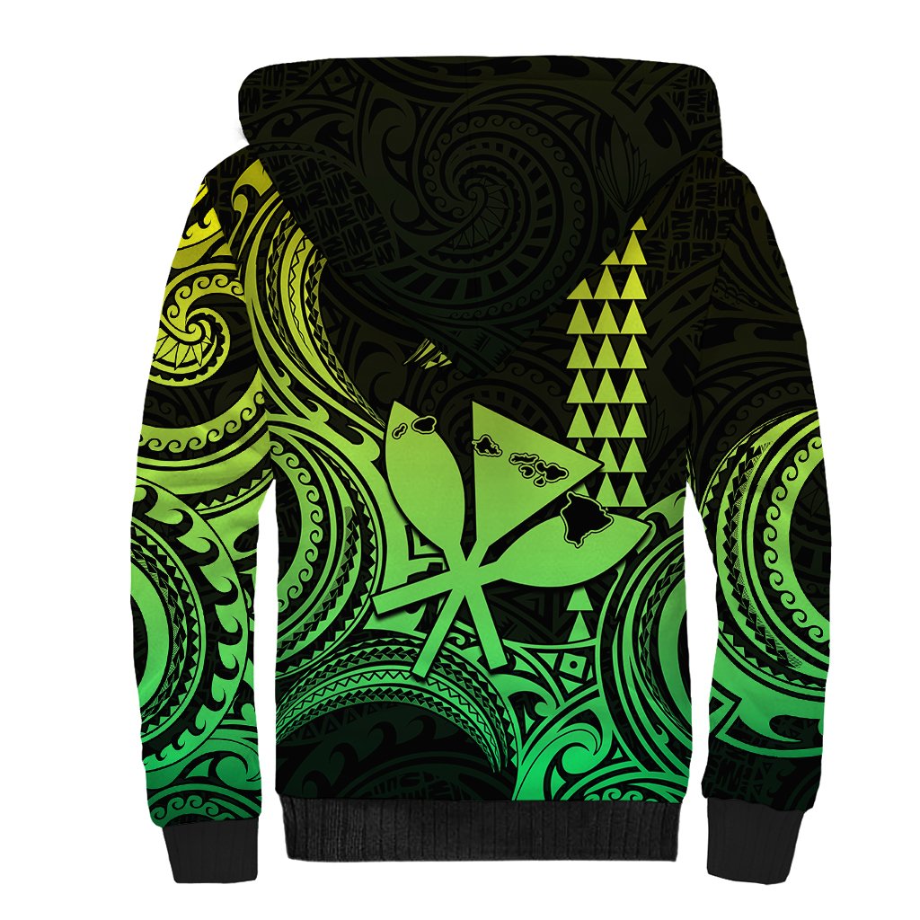 Lime and black sherpa hoodie with large back tribal graphic and hood, kangaroo pockets
