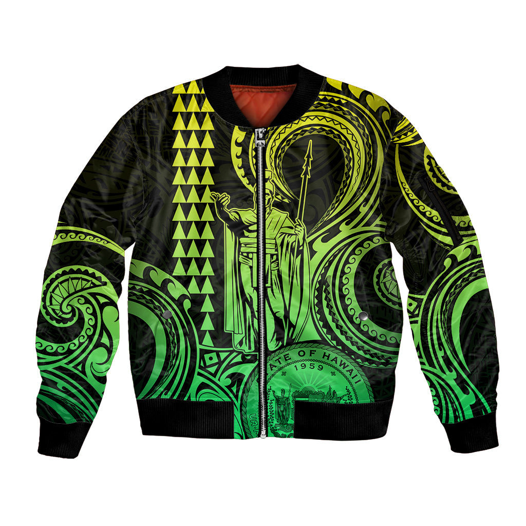 Custom Happy King Kamehameha Day Hawaii Sleeve Zip Bomber Jacket Paradise of the Pacific Tribal Kakau with Kanaka Maoli - Lime - Wonder Print Shop