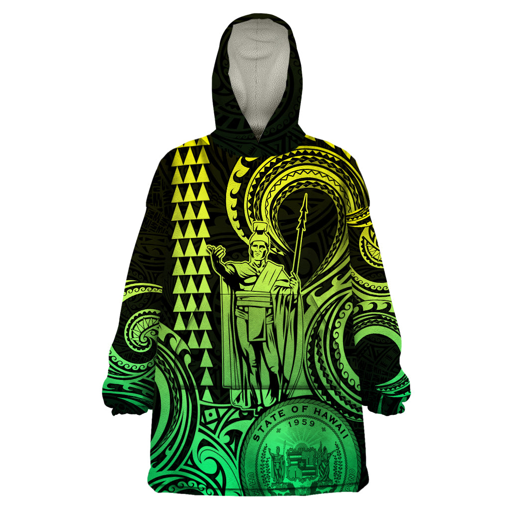 Custom Happy King Kamehameha Day Hawaii Wearable Blanket Hoodie Paradise of the Pacific Tribal Kakau with Kanaka Maoli - Lime - Wonder Print Shop