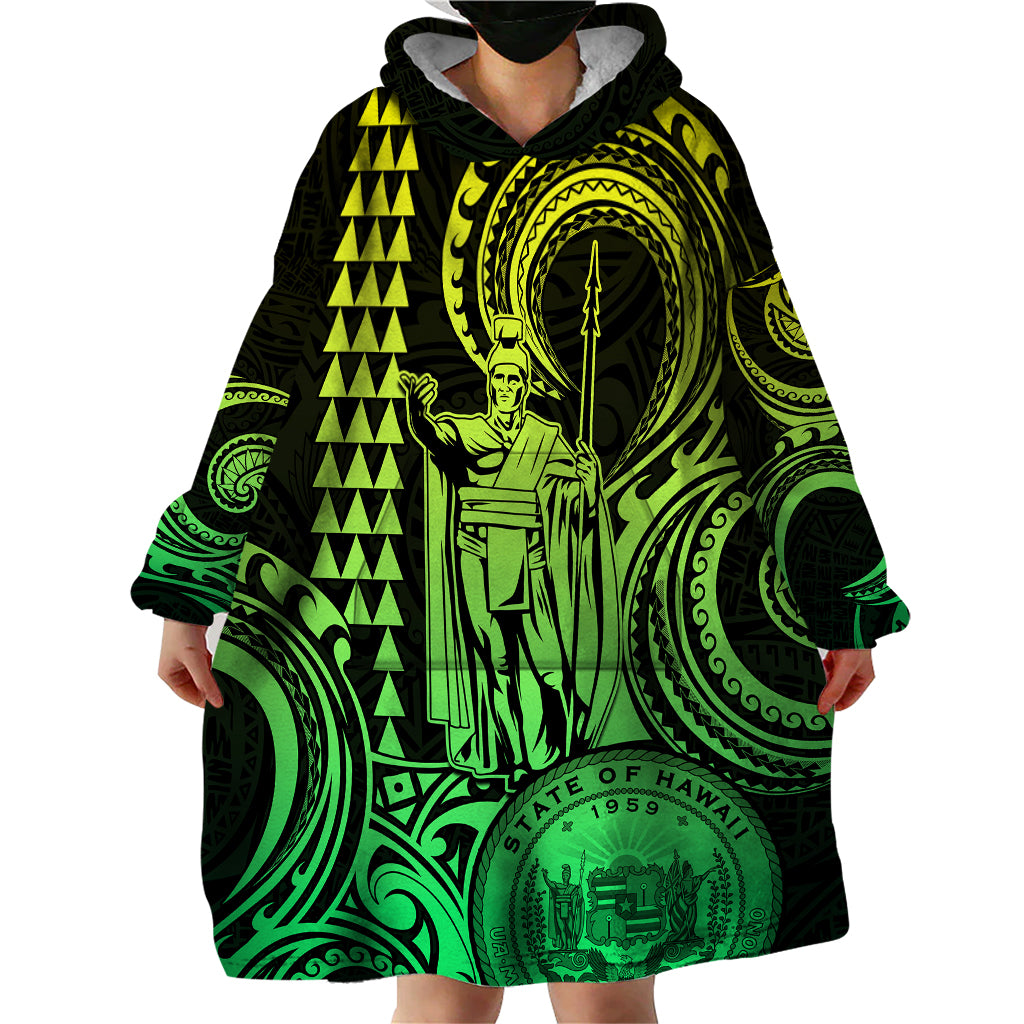 Custom Happy King Kamehameha Day Hawaii Wearable Blanket Hoodie Paradise of the Pacific Tribal Kakau with Kanaka Maoli - Lime - Wonder Print Shop