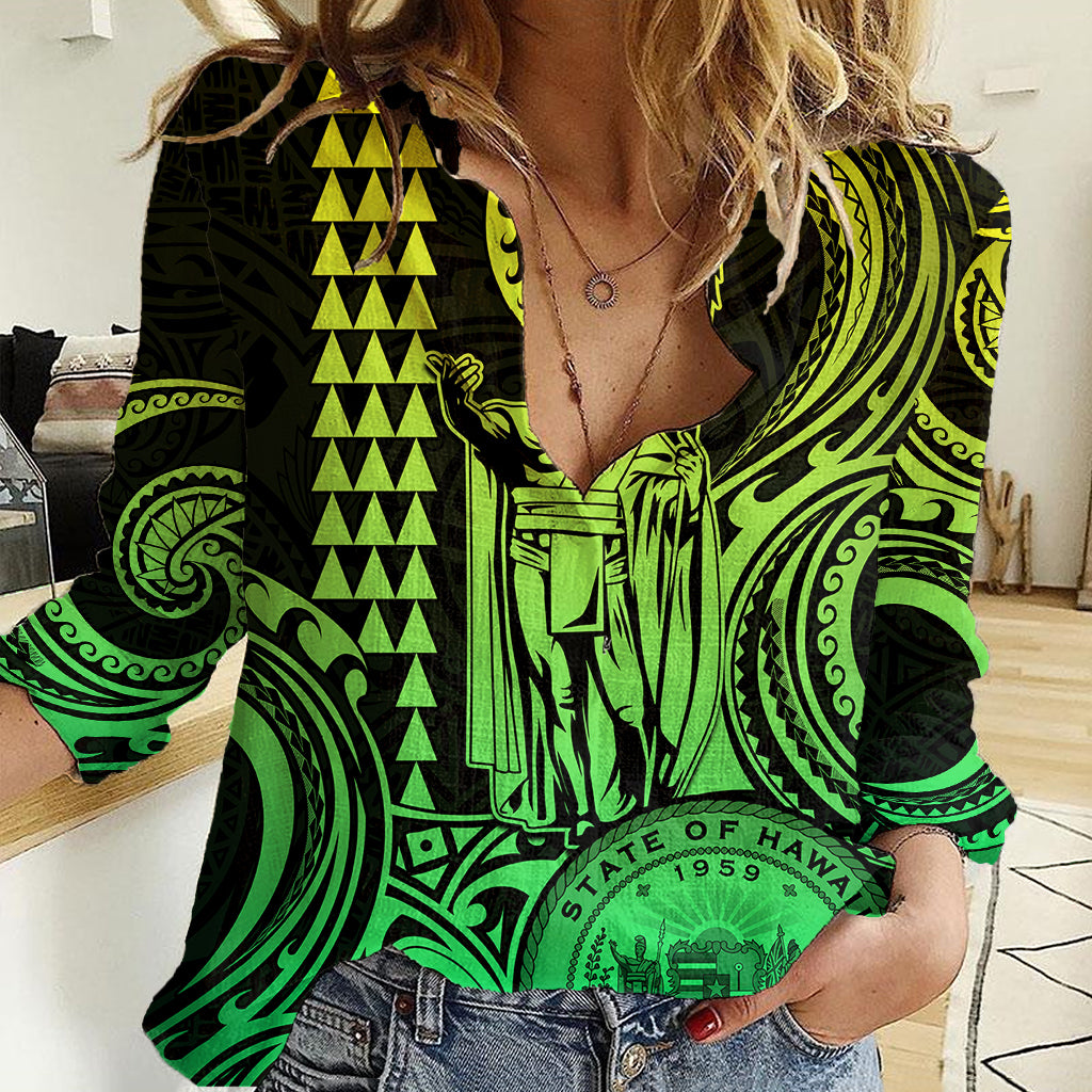 Custom Happy King Kamehameha Day Hawaii Women Casual Shirt Paradise of the Pacific Tribal Kakau with Kanaka Maoli - Lime - Wonder Print Shop