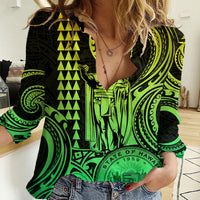 Custom Happy King Kamehameha Day Hawaii Women Casual Shirt Paradise of the Pacific Tribal Kakau with Kanaka Maoli - Lime - Wonder Print Shop