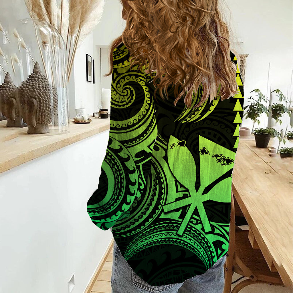 Custom Happy King Kamehameha Day Hawaii Women Casual Shirt Paradise of the Pacific Tribal Kakau with Kanaka Maoli - Lime - Wonder Print Shop