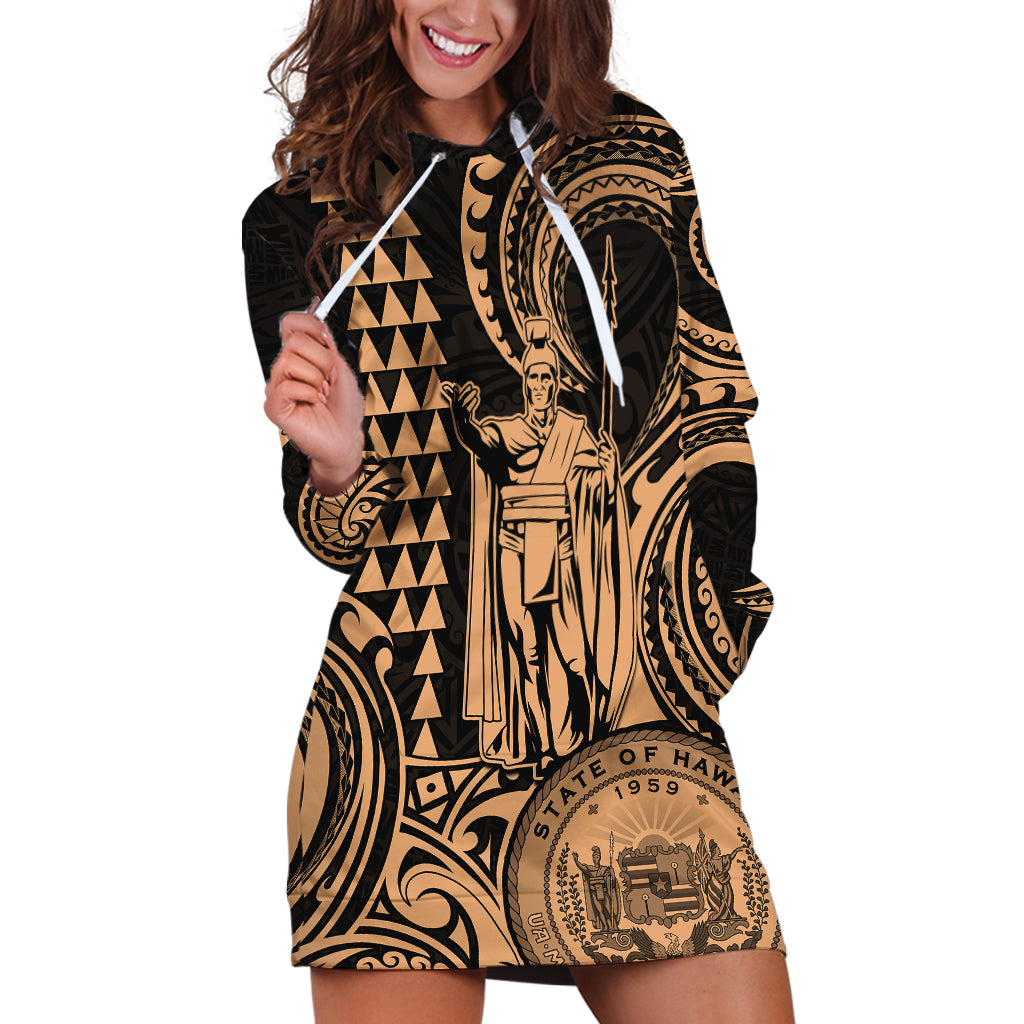 Custom Happy King Kamehameha Day Hawaii Hoodie Dress Paradise of the Pacific Tribal Kakau with Kanaka Maoli - Nude - Wonder Print Shop