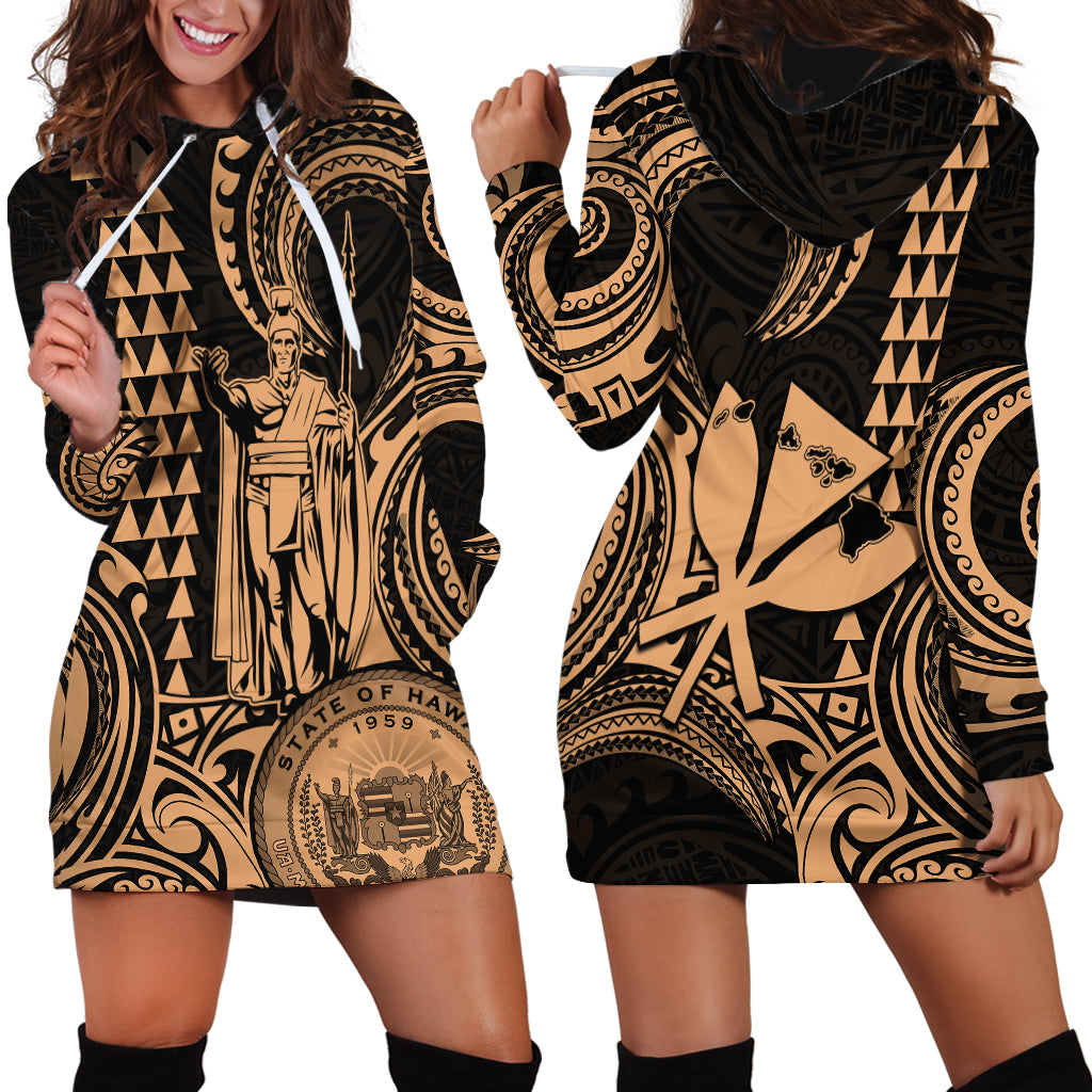 Custom Happy King Kamehameha Day Hawaii Hoodie Dress Paradise of the Pacific Tribal Kakau with Kanaka Maoli - Nude - Wonder Print Shop
