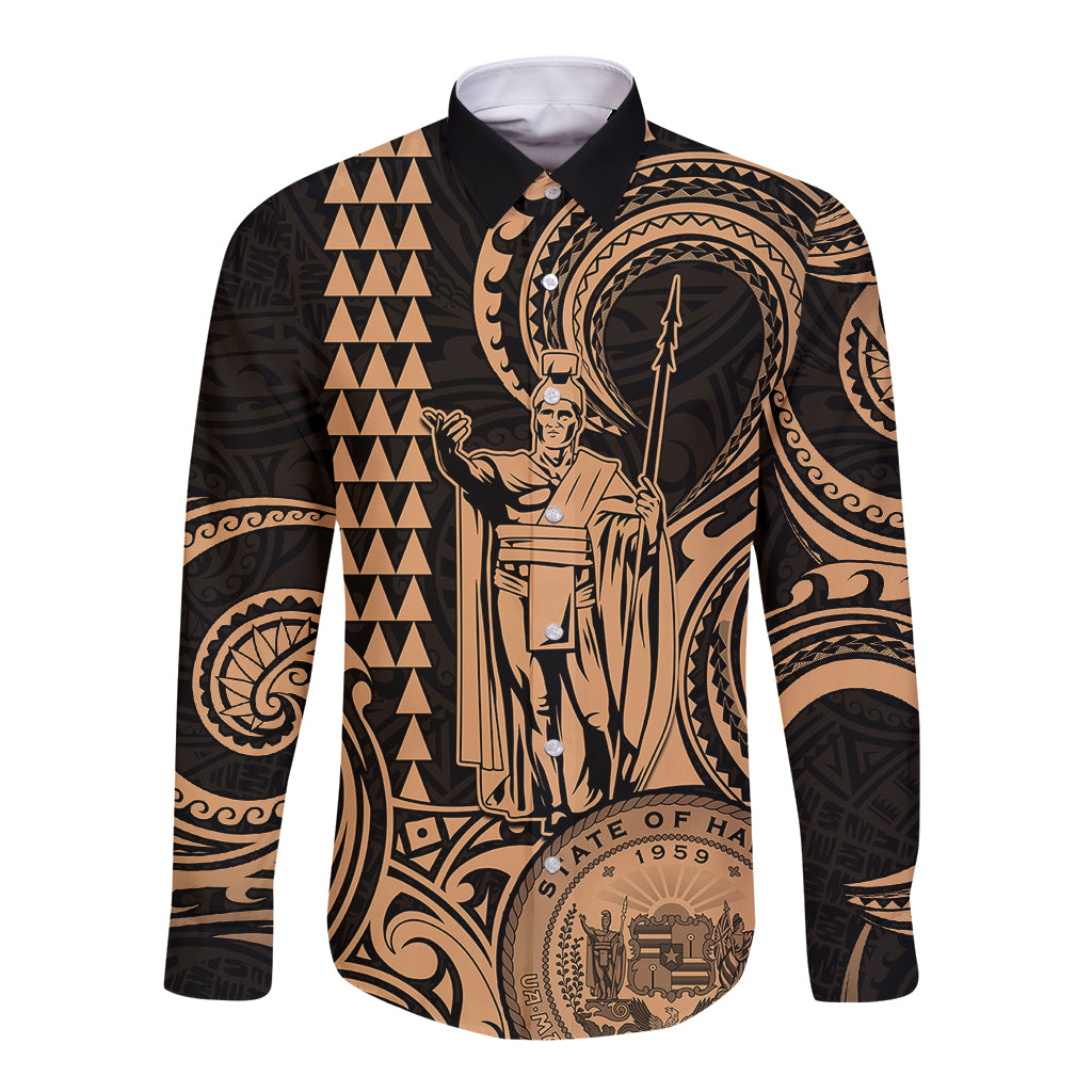 Custom Happy King Kamehameha Day Hawaii Long Sleeve Button Shirt Paradise of the Pacific Tribal Kakau with Kanaka Maoli - Nude - Wonder Print Shop