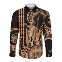 Custom Happy King Kamehameha Day Hawaii Long Sleeve Button Shirt Paradise of the Pacific Tribal Kakau with Kanaka Maoli - Nude - Wonder Print Shop