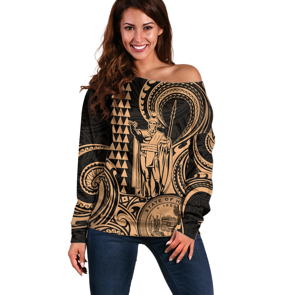 Custom Happy King Kamehameha Day Hawaii Off Shoulder Sweater Paradise of the Pacific Tribal Kakau with Kanaka Maoli - Nude - Wonder Print Shop