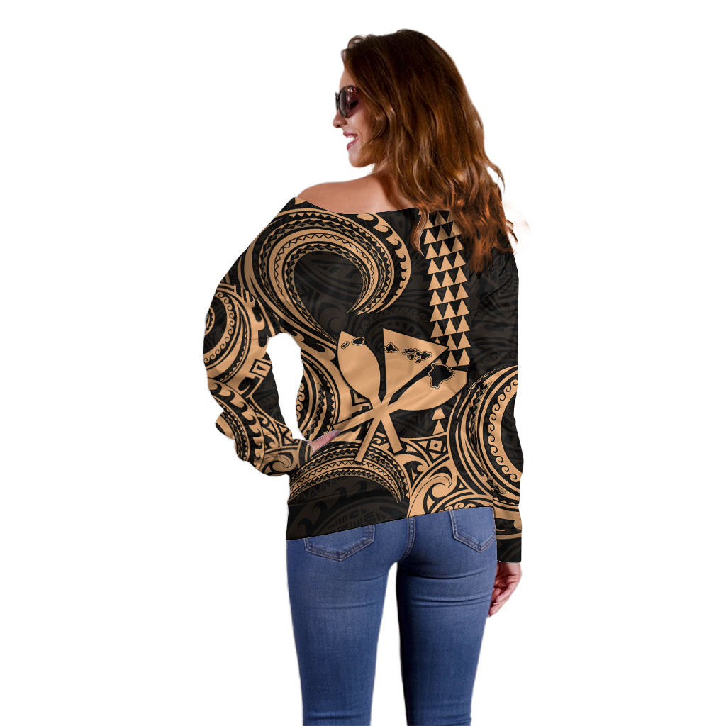 Custom Happy King Kamehameha Day Hawaii Off Shoulder Sweater Paradise of the Pacific Tribal Kakau with Kanaka Maoli - Nude - Wonder Print Shop