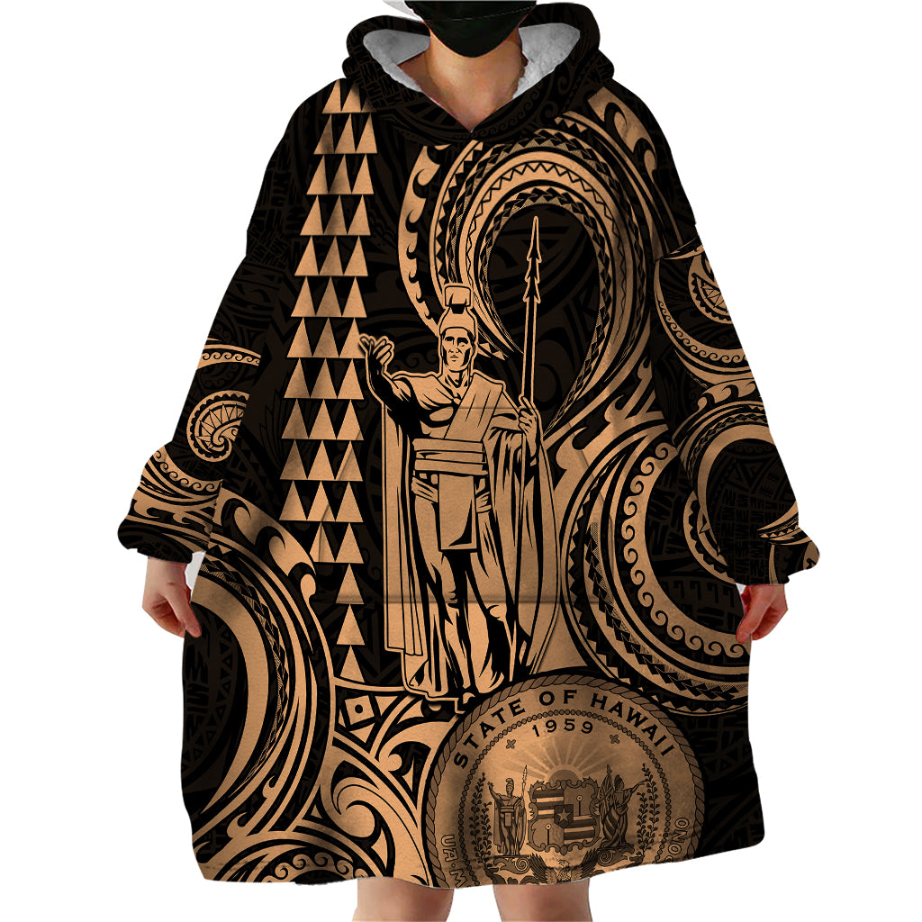 Custom Happy King Kamehameha Day Hawaii Wearable Blanket Hoodie Paradise of the Pacific Tribal Kakau with Kanaka Maoli - Nude - Wonder Print Shop