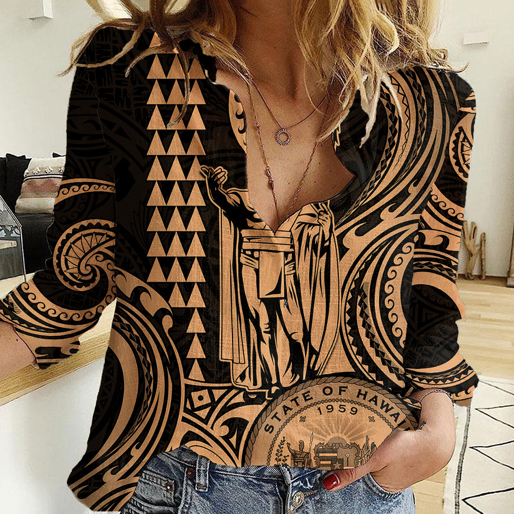 Custom Happy King Kamehameha Day Hawaii Women Casual Shirt Paradise of the Pacific Tribal Kakau with Kanaka Maoli - Nude - Wonder Print Shop