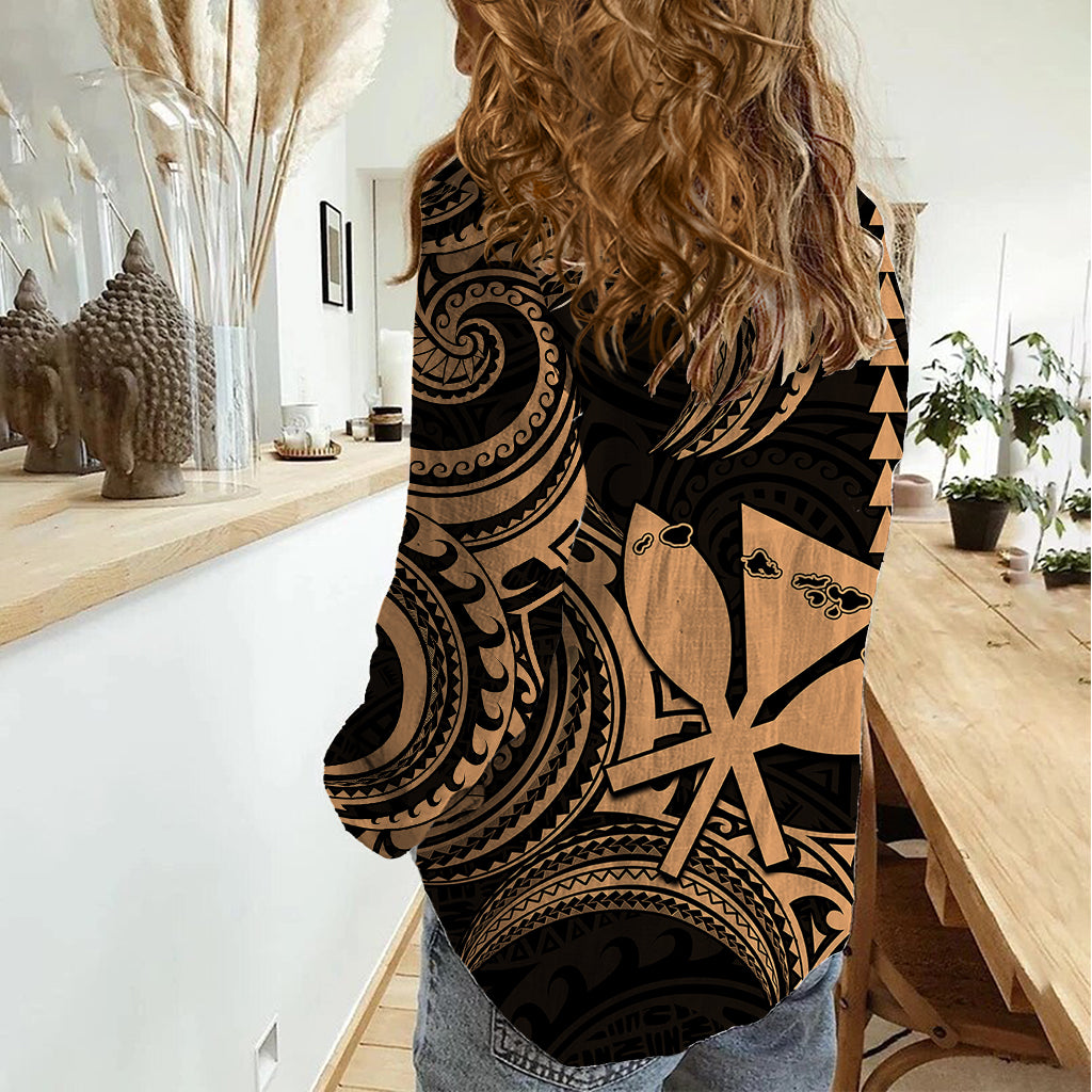 Custom Happy King Kamehameha Day Hawaii Women Casual Shirt Paradise of the Pacific Tribal Kakau with Kanaka Maoli - Nude - Wonder Print Shop