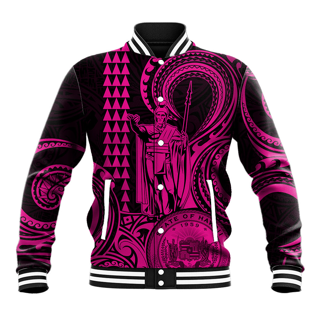 Custom Happy King Kamehameha Day Hawaii Baseball Jacket Paradise of the Pacific Tribal Kakau with Kanaka Maoli - Pink LT9 - Wonder Print Shop