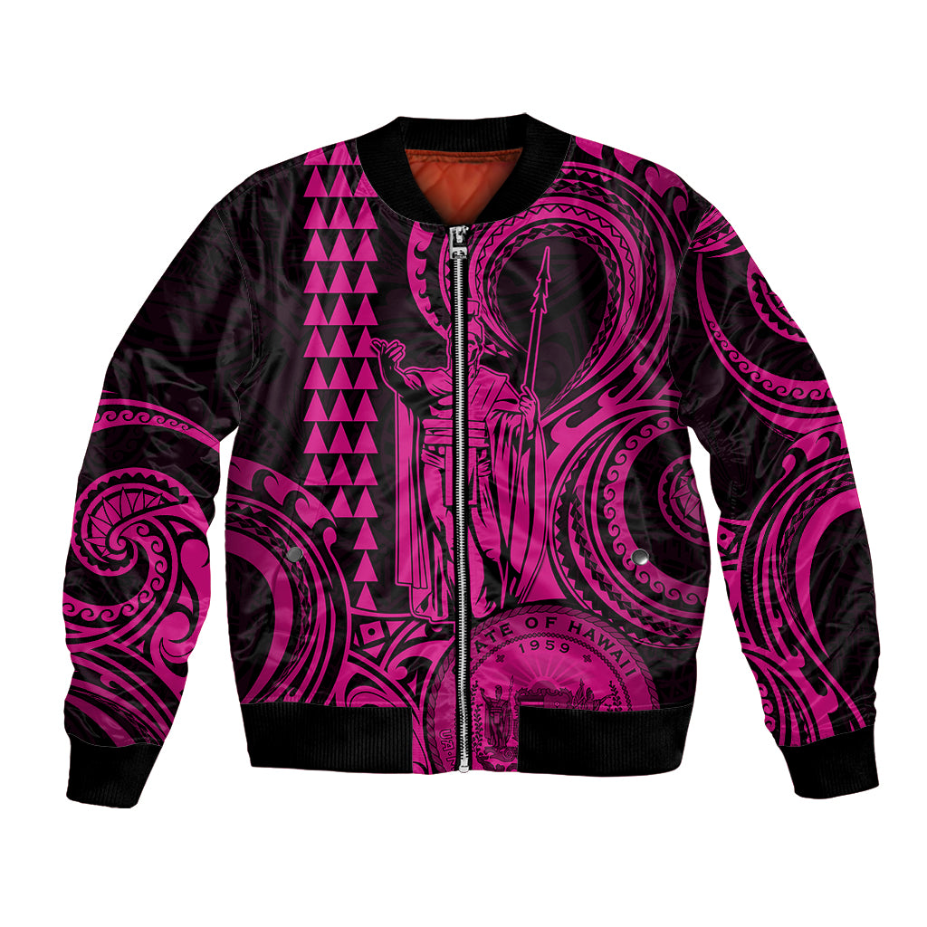 Custom Happy King Kamehameha Day Hawaii Bomber Jacket Paradise of the Pacific Tribal Kakau with Kanaka Maoli - Pink LT9 - Wonder Print Shop