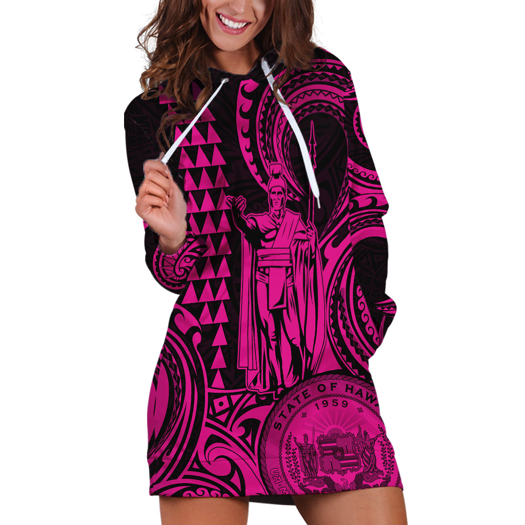 Custom Happy King Kamehameha Day Hawaii Hoodie Dress Paradise of the Pacific Tribal Kakau with Kanaka Maoli - Pink - Wonder Print Shop