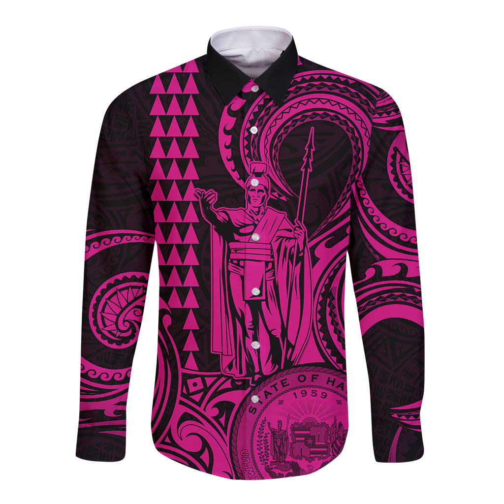 Custom Happy King Kamehameha Day Hawaii Long Sleeve Button Shirt Paradise of the Pacific Tribal Kakau with Kanaka Maoli - Pink - Wonder Print Shop