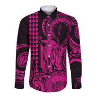 Custom Happy King Kamehameha Day Hawaii Long Sleeve Button Shirt Paradise of the Pacific Tribal Kakau with Kanaka Maoli - Pink - Wonder Print Shop
