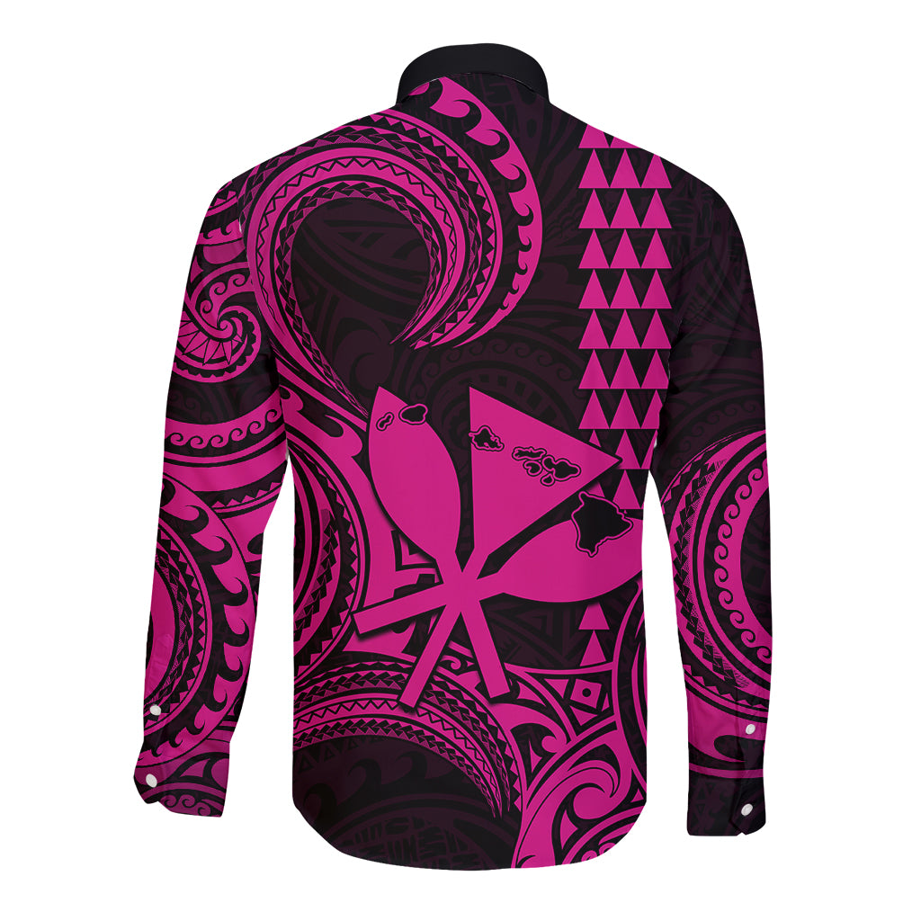 Custom Happy King Kamehameha Day Hawaii Long Sleeve Button Shirt Paradise of the Pacific Tribal Kakau with Kanaka Maoli - Pink - Wonder Print Shop