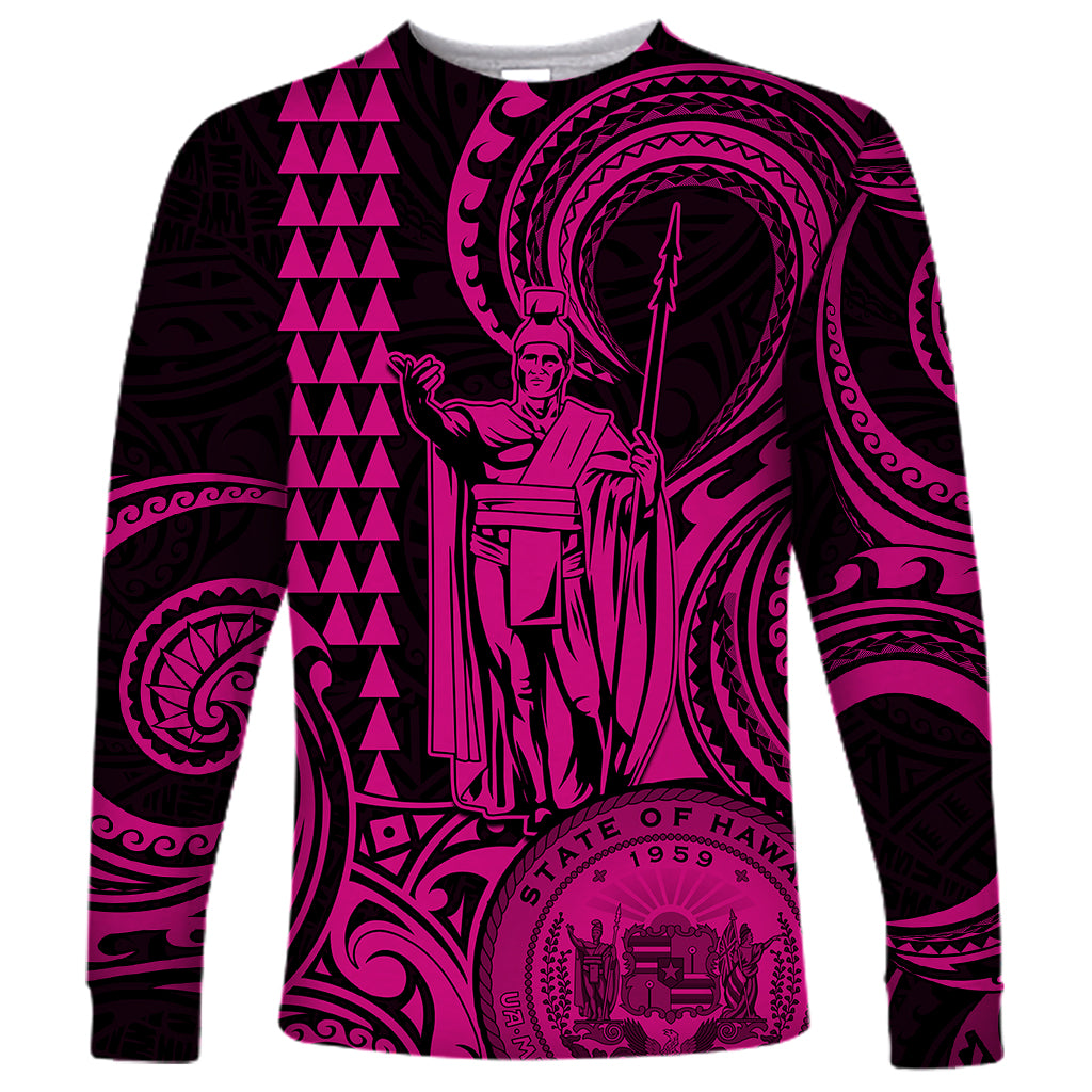 Custom Happy King Kamehameha Day Hawaii Long Sleeve Shirt Paradise of the Pacific Tribal Kakau with Kanaka Maoli - Pink - Wonder Print Shop