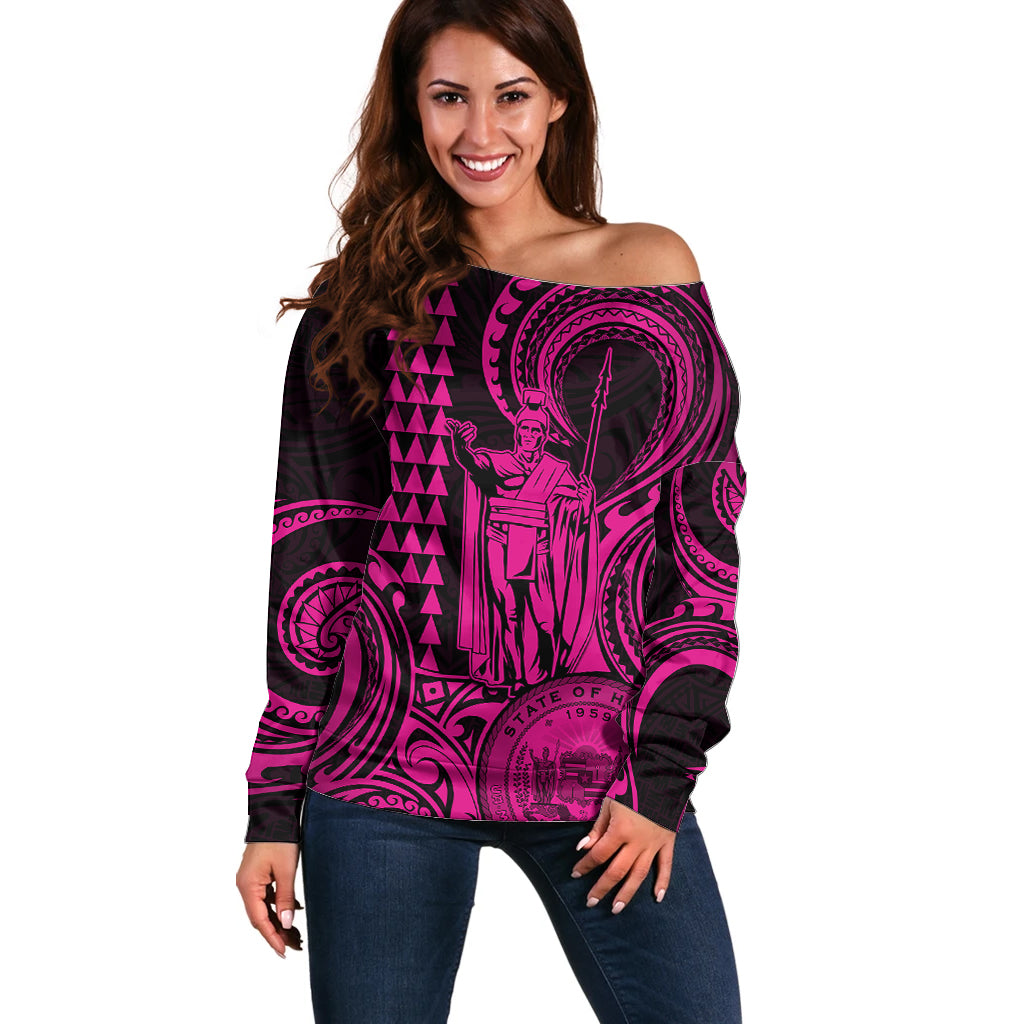 Custom Happy King Kamehameha Day Hawaii Off Shoulder Sweater Paradise of the Pacific Tribal Kakau with Kanaka Maoli - Pink - Wonder Print Shop